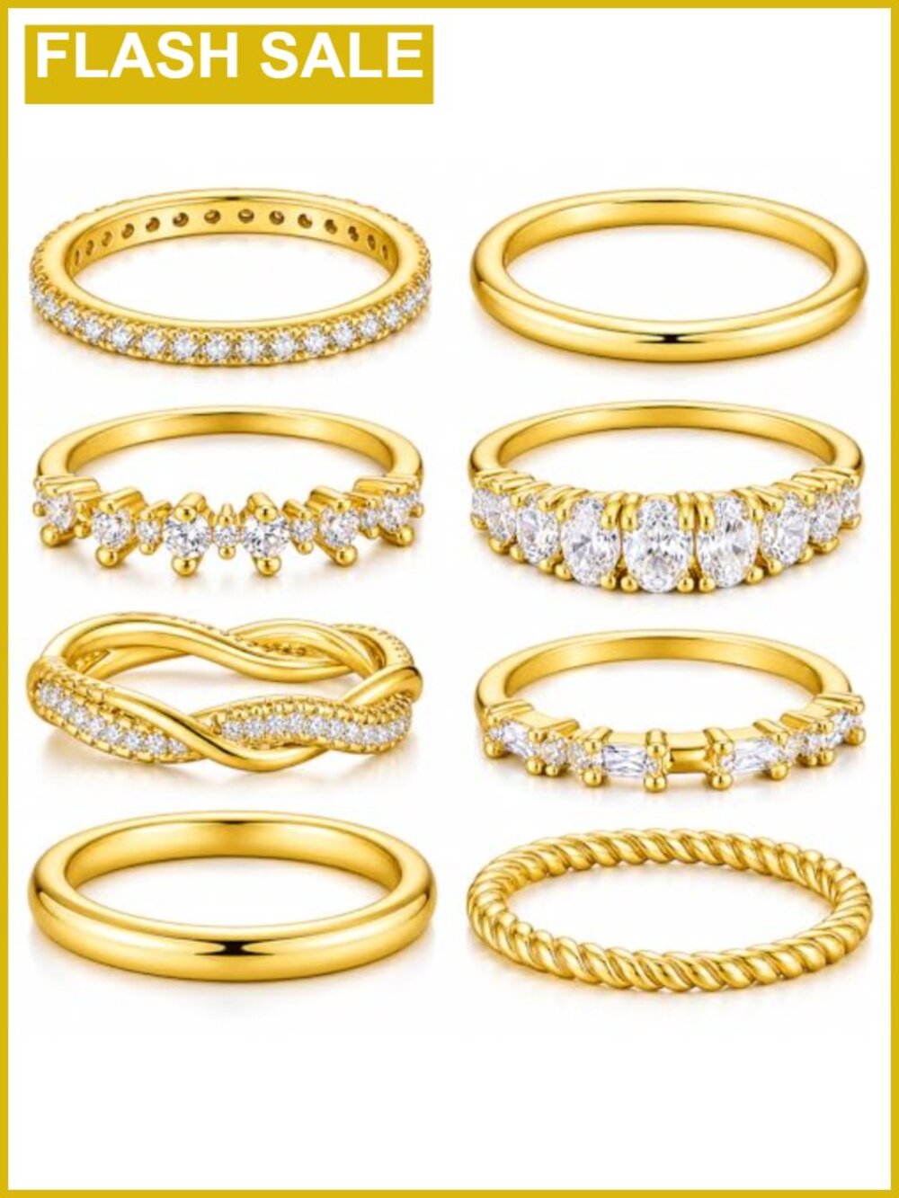 14K Gold Plated Stackable Rings Set with Cubic Zirconia, 8 Piece